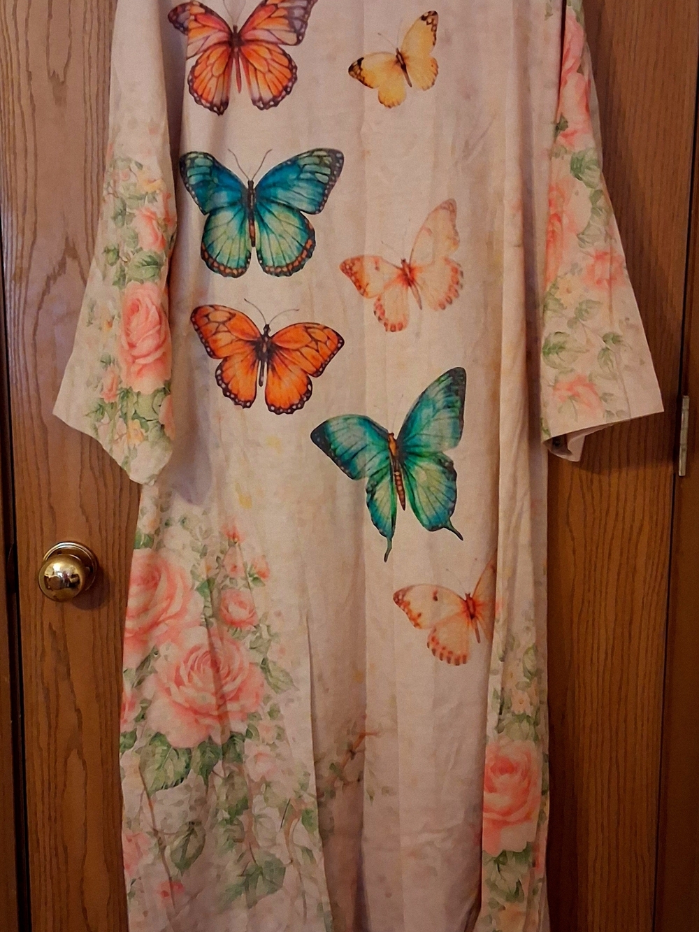 Butterfly Print Maxi Dress in Cream with Teal & Coral Accents